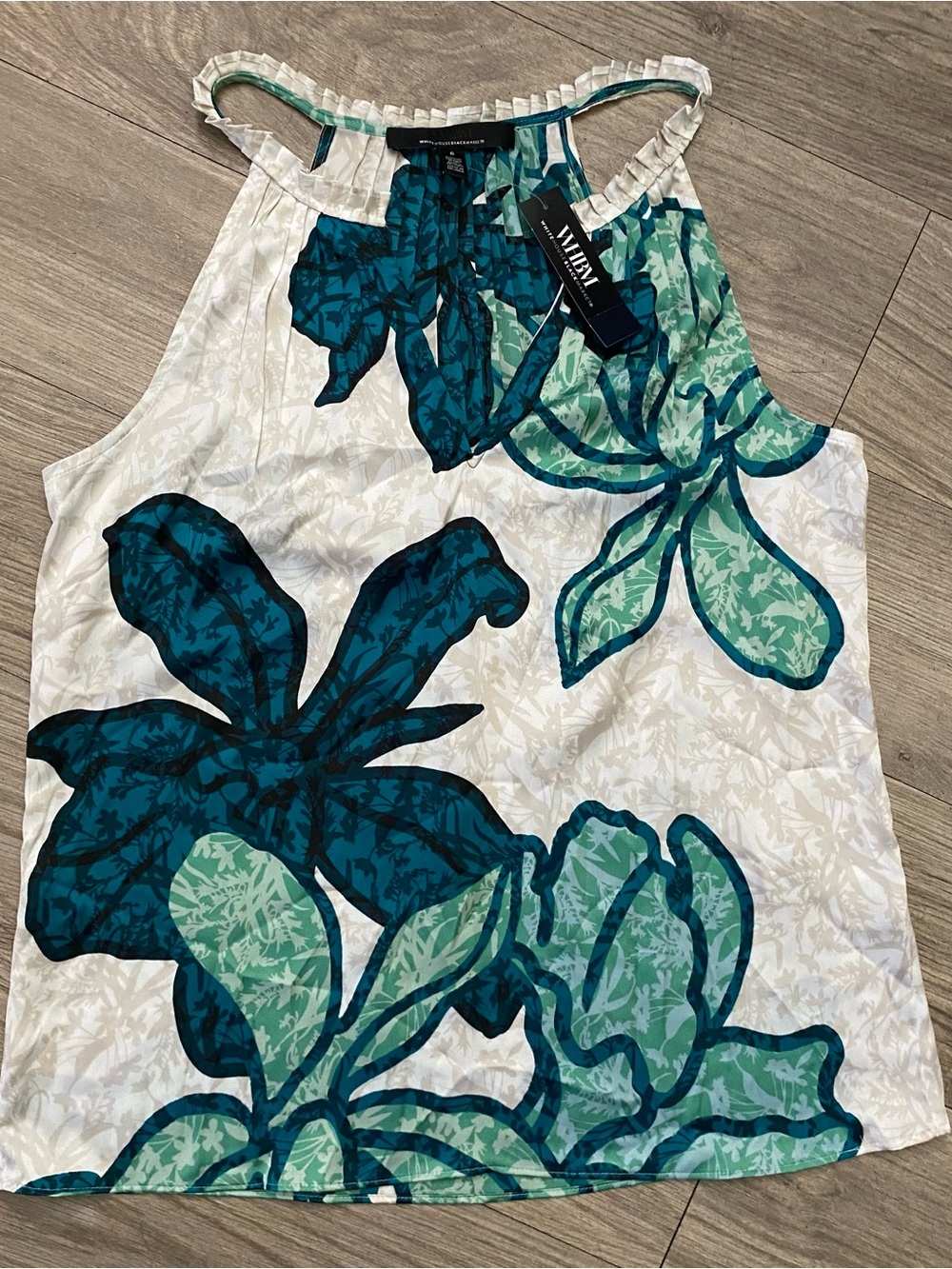White House Black Market Cream Tank with Teal & Aqua Floral Print